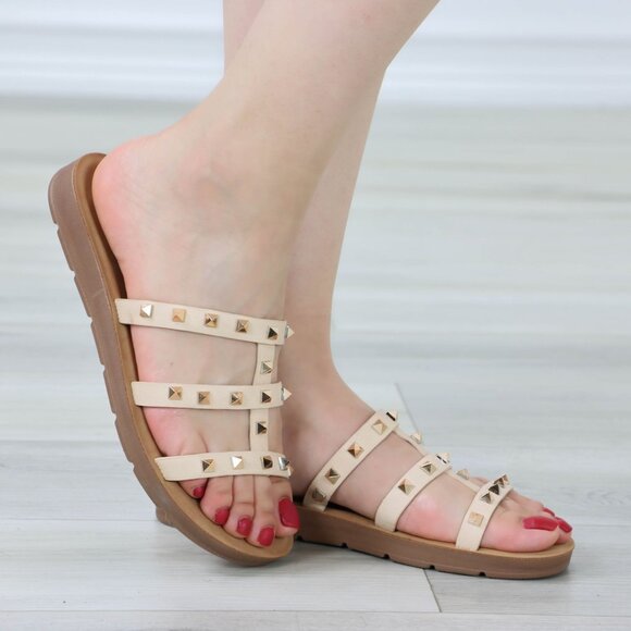 Nude Metal Stud Trendy Comfy Flat Gladiator Sandal Slip On Sliders - Picture 1 of 13